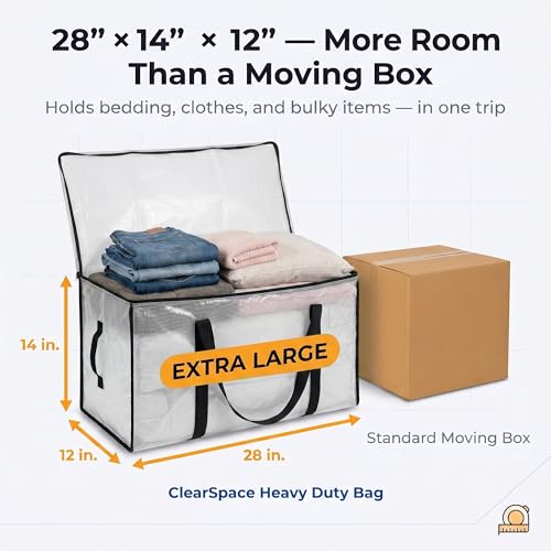 Heavy Duty Moving & Storage Bags with Lids - 12 Pack, Clear, 29" x 13" x 14" - Large Capacity, Reusable Organizers