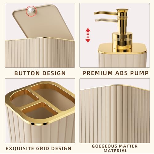 Beige & Gold Bathroom Accessories Set - 10 Piece Plastic Bath Set with Soap Dispenser and Tumbler
