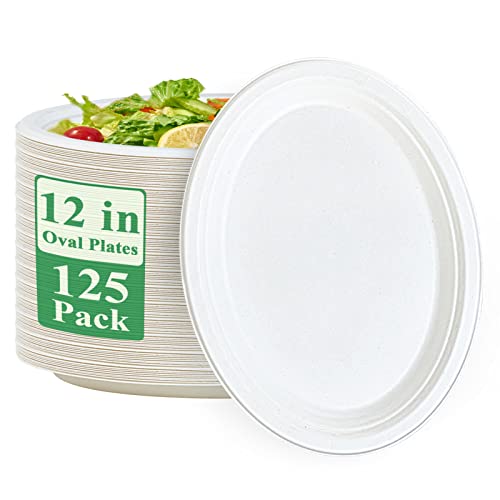 Vplus 12 Inch Compostable Oval Paper Plates 125 Pack White - Eco-Friendly Disposable Dinnerware