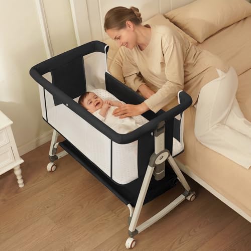 KOLOIO 3-in-1 Baby Bedside Bassinet with Storage Basket - Black