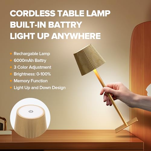 Cordless Table Lamp with 6000mAh Battery, Adjustable Heights & Dimmable Light - Gold