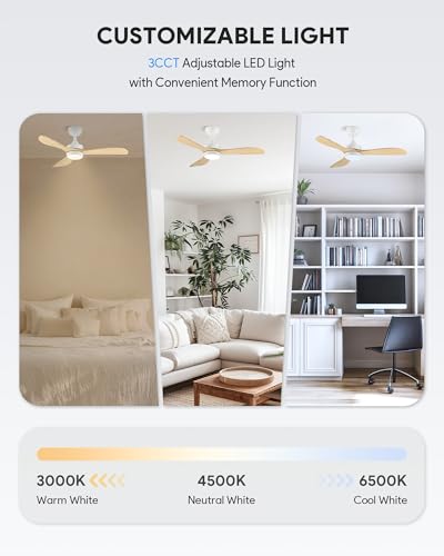 VONLUCE 42 Inch Wooden Ceiling Fan with Lights, White, Downrod Mount, Natural Wood Finish