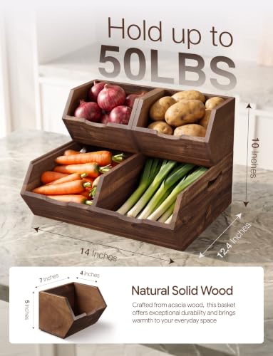 Walnut Color Stackable Acacia Wood Potato & Onion Storage Bin Set - Medium