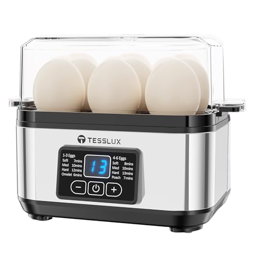 Tesslux Silver Electric Egg Cooker - 6 Egg Capacity, Hard & Soft-Boiled, Poached