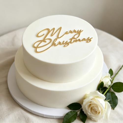 Merry Christmas Cake Topper - Mirror Gold Acrylic 2.2x4 in for Cakes & Desserts