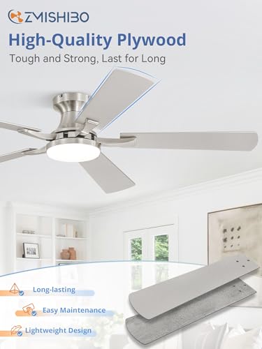 ZMISHIBO 52 Inch Nickel Ceiling Fan with Lights, Remote & App Control, Flush Mount