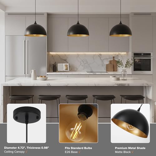Black & Gold Pendant Lights 3 Pack - 11.8 Inch Modern Farmhouse Dome Fixture for Kitchen Island & Dining