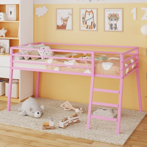 Lutown-Teen 43 Inch Pink Metal Twin XL Loft Bed with Stairs & Guardrail