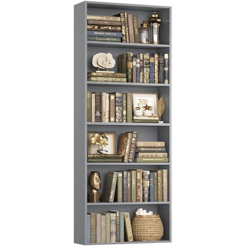 Tall Bookshelf with 6 Open Shelves - Dark Gray Bookcase, Modern Storage