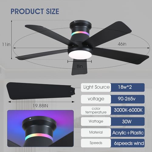 Black 46-Inch Ceiling Fan with RGB Lights - Flush Mount, Dimmable LED, Modern Low Profile