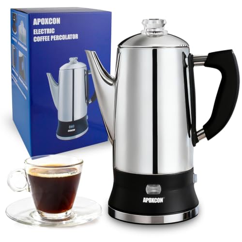 Electric Coffee Percolator 12 Cups Stainless Steel Glass Top Keep Warm Cordless