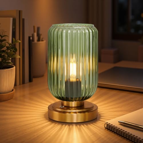 Green Glass Cordless Dimmable Table Lamp - Brushed Gold Base, Touch Control