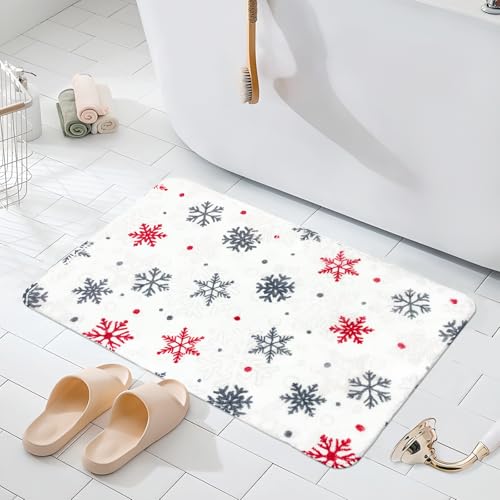 MEHOFOND Christmas Snowflake Bath Rug - Red & Gray Winter Decor 20x32in