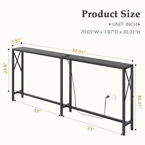 70-Inch Sofa Table Behind Couch with Charging Station - Black, Narrow Console Table