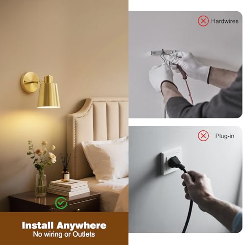 Gold Battery Operated Wall Sconces Set of Two with Remote Dimmable 3-Color Temp