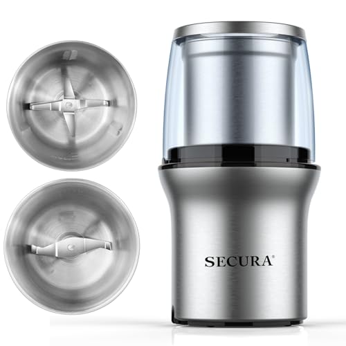 Secura Electric Coffee and Spice Grinder - Stainless, 2 Removable Bowls