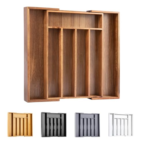 Brown Expandable Bamboo Silverware Drawer Organizer - 7 Slots Kitchen Utensil Tray