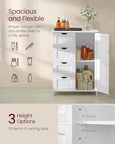 VASAGLE Farmhouse Floor Storage Cabinet with 1 Door & 4 Drawers, Cloud White, 32.3"H
