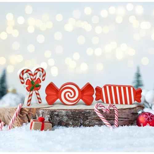 Gift Boutique - Set of 3 Christmas Candy Wooden Table Decoration Centerpiece Block Holiday Wood Red & White Peppermint Candy Cane Tiered Tray Tabletop Sign Decor for Home Xmas Party Supplies
