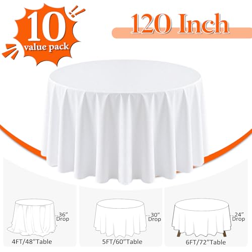 Dexbriz 10 Pack 120 Inch White Round Tablecloth for 48-96 Inch Tables, Hotel & Event Use