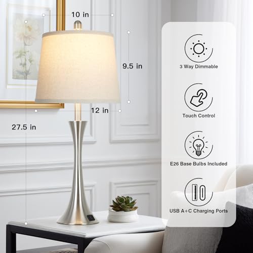 Rinweey 27.5" Silver Set of 2 Touch Bedside Table Lamps with USB-C & A, Dimmable Nightstand Lights with Beige Shades, Bulbs Included