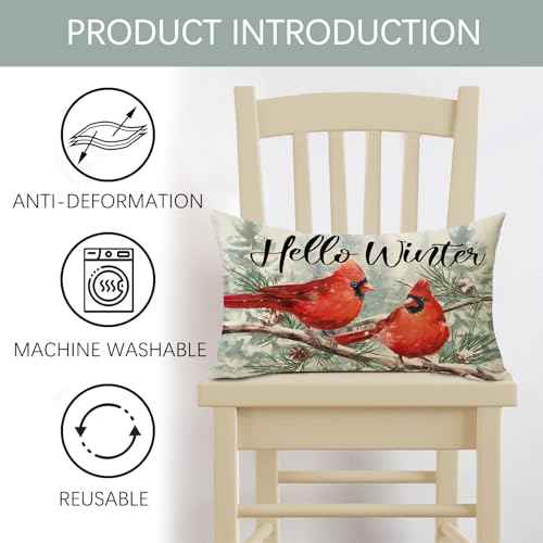 Hello Winter Cardinal Lumbar Decorative Throw Pillow Cover 12 x 20, Rectangular Red Birds Branch Outdoor Home Decor, Christmas Snowy Pine Tree Seasonal Sofa Couch Cushion Case