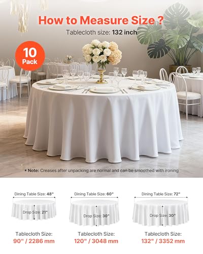 VEVOR 132-Inch White Round Tablecloths 10 Pack - Stain & Wrinkle Resistant Polyester for Weddings & Events