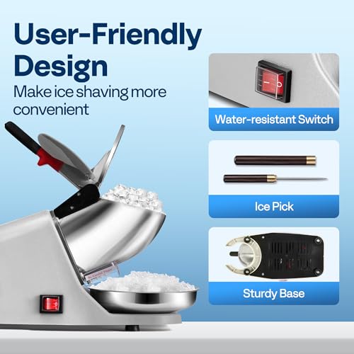 Silver Electric Ice Shaver Machine - 143lbs/hr Snow Cone Maker with Ice Pick - Home & Commercial Use - Single Blade Variation