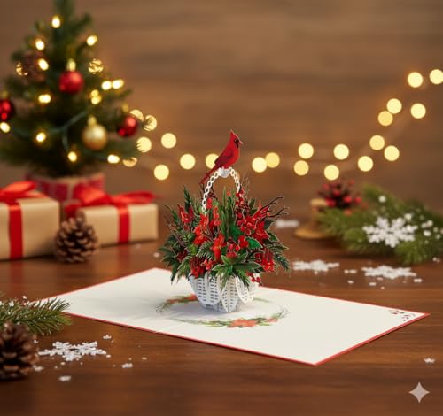 CUTE POPUP 3D Pop Up Christmas Card – Cardinal & Poinsettia (Red Cardinal) 6x6in, Envelope Included