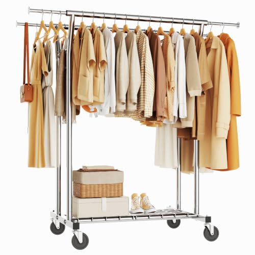 HYSEYY Silver Heavy Duty Rolling Clothes Rack with Shelves - 700LB Capacity