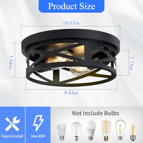 SKEJAO 10.63-inch Black 2-Light Flush Mount Ceiling Light Fixture for Farmhouse & Kitchen