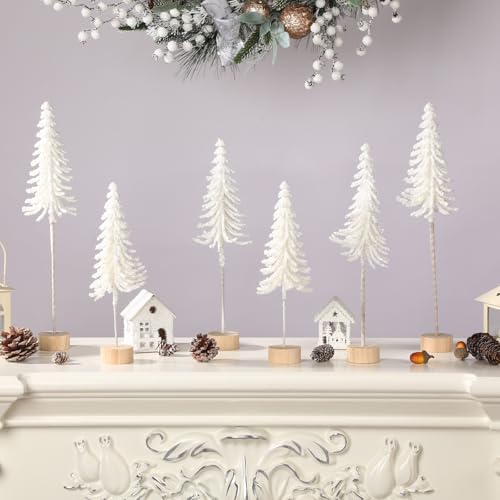 Jetec 6Pcs Mini Christmas Tree Set White with Wood Base Snowy Alpine Tabletop