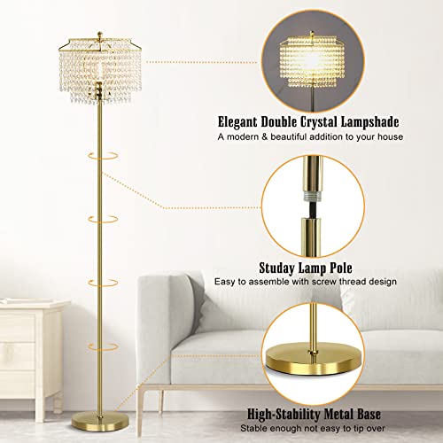 Luvkczc Gold Crystal Floor Lamp - 64-Inch Tall Elegant Standing Lamp with Crystal Shade