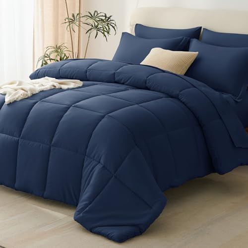 Full Size Comforter Set with 7 Pieces - Navy Blue Bed in a Bag, 82x86 Variation