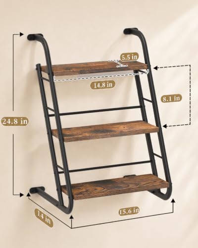 3-Tier Floating Wall Shelves - Rustic Wood Ladder Shelf, 16 Inch Brown