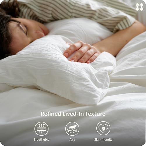 King Size Linen-Style Cotton Duvet Cover Set - Natural White, 3-Piece