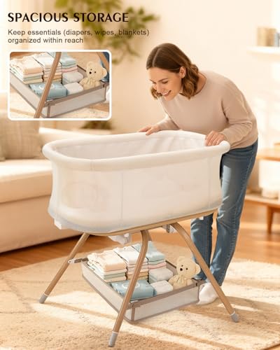 3-in-1 Baby Bassinet Bedside Sleeper with Mesh, Soft Mattress & Storage Basket - Beige