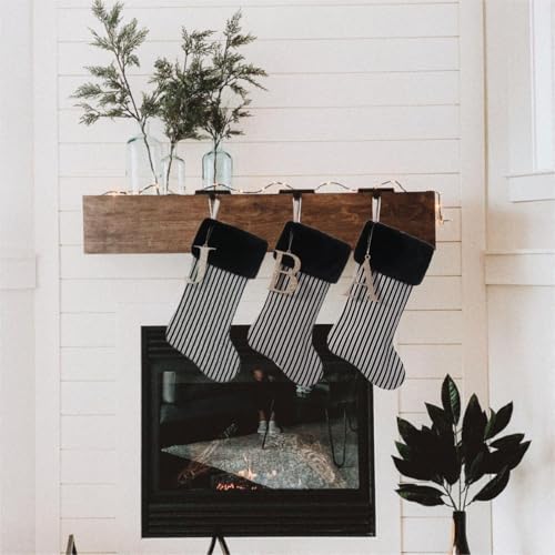 20 Inch Black Vertical Stripe Christmas Stocking with Gold Wooden Initial, Personalized Holiday Decor