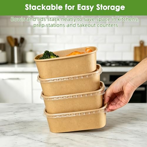 Brown 30oz Disposable Kraft Paper Food Containers with Lids & Forks - Takeout & Meal Prep