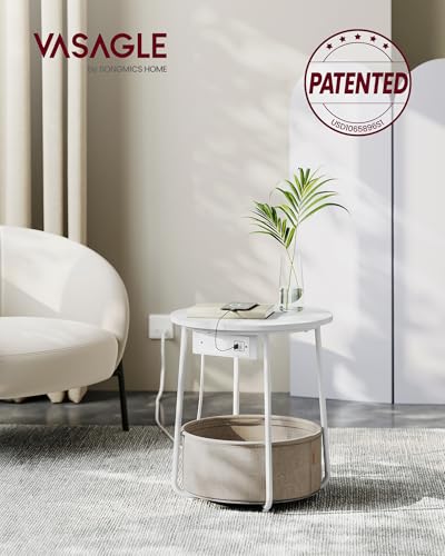 VASAGLE Round End Table with Charging Station - Matte White & Camel Brown, Fabric Basket