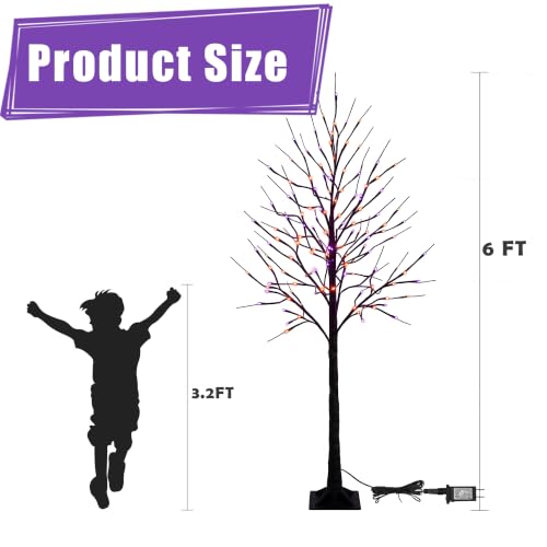 6FT Halloween Lighted Black Birch Tree with Purple & Orange LED Lights, Waterproof Indoor Outdoor Spooky Tree with Timer