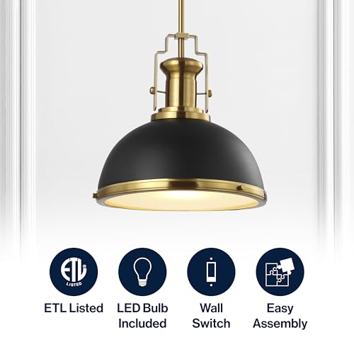 Jonathan Y Homer 13-inch Black Brass Industrial Dome Pendant Light - Modern Ceiling Fixture with LED Bulb Included
