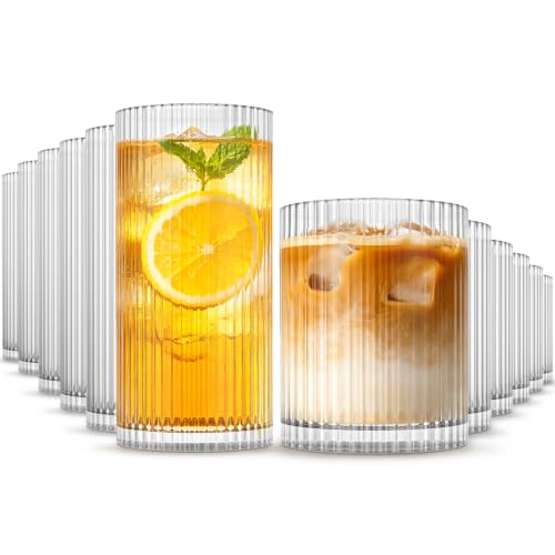 12-Piece Ribbed Glassware Set - Highball & Rocks Glasses for Cocktails & Drinks