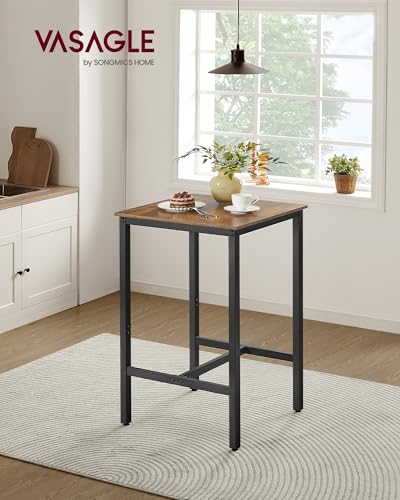 VASAGLE Rustic Brown Square Metal Frame Bar Table - High Top Pub Table - 23.6 Inch Diameter, 41.7 Inch Height