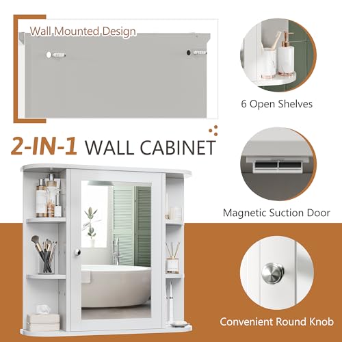 White Wall-Mounted Bathroom Medicine Cabinet with Mirror & 6 Shelves