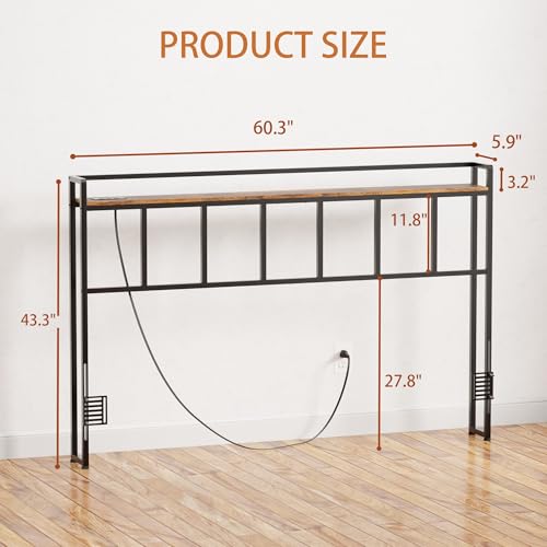 Queen Size Headboard with LED Lights USB Outlets & Storage Rack - Rustic Brown, Metal Frame