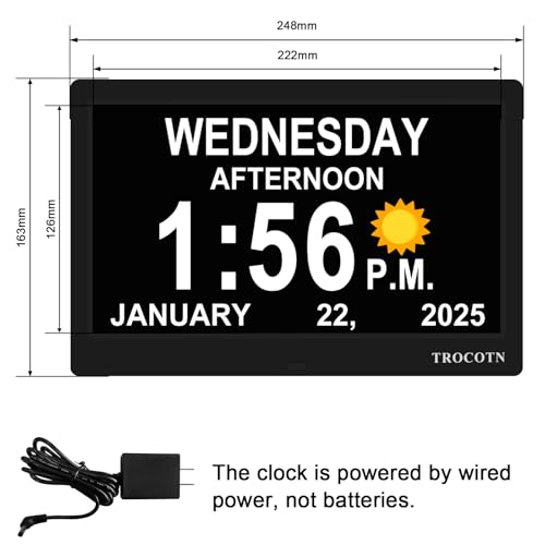 10 Inch Digital Calendar Alarm Clock for Seniors - Large Display, Auto DST, 5 Modes, Day Date Time