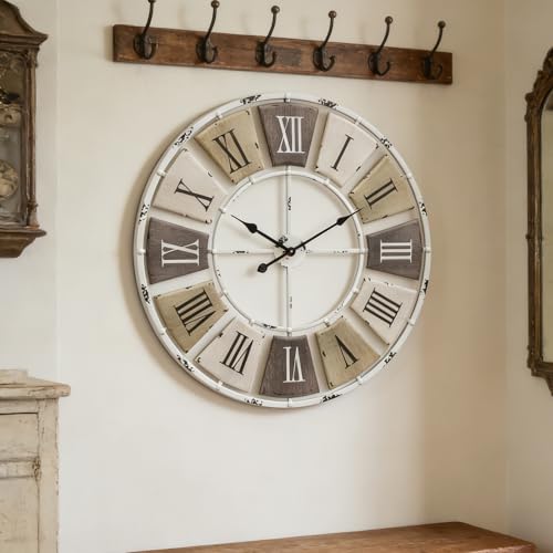 Elegant Scale 32-Inch Distressed Metal Wall Clock with Roman Numerals – Farmhouse Decor