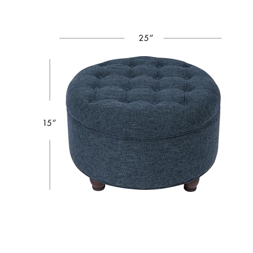 Navy Woven Large Button Tufted Round Storage Ottoman - 25 Inch