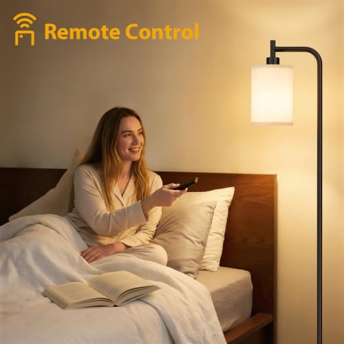 64-Inch Dimmable Floor Lamp with Remote & Foot Switch - Beige Shade, Black Pole, 9W LED Included - Beige-Black
